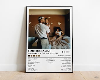 May include: A black and white album cover with a photo of a man, a woman, and a child in a bedroom. The album title is "Kendrick Lamar Mr. Morale & The Big Steppers" and the release date is "Released May 12, 2022". The album cover also includes a list of the album's songs.