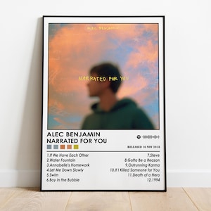 Peut inclure: Une pochette d'album noir et blanc avec une image floue d'une personne devant un ciel rose et bleu. Le titre de l'album est "Narrated For You" par Alec Benjamin. L'album est sorti le 16 novembre 2013.