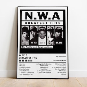 以下が含まれることがあります： N.W.AのGreatest Hitsアルバムの白黒ポスター。ポスターにはグループメンバーの写真とトラックリストが含まれています。「The World's Most Dangerous Group」というテキストも表示されています。