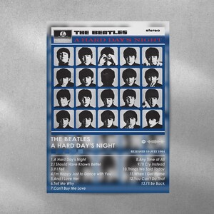 May include: A blue and white album cover for the Beatles album "A Hard Day's Night". The cover features a grid of 16 black and white photos of the band members. The album title is printed in white letters on a blue background. The album was released on 10 July 1964.
