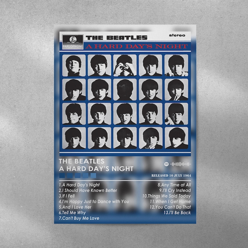 May include: A blue and white album cover for the Beatles album "A Hard Day's Night". The cover features a grid of 16 black and white photos of the band members. The album title is printed in white letters on a blue background. The album was released on 10 July 1964.