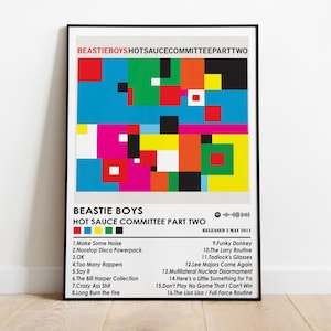 May include: A colorful poster with a geometric design in red, yellow, blue, green, black, and white. The poster is titled "Beastie Boys Hot Sauce Committee Part Two" and lists the album's tracklist.