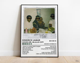 May include: A framed poster featuring the album cover for Kendrick Lamar's "Good Kid, M.A.A.D City." The image is a vintage-style photo of four people seated at a table. The poster includes the album title, tracklist, and release date.