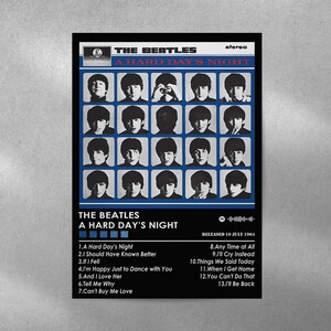 May include: A black and white album cover for The Beatles' album "A Hard Day's Night". The cover features a grid of 16 black and white photos of the band members. The album title is printed in white letters on a black background. The album was released on 10 July 1964.