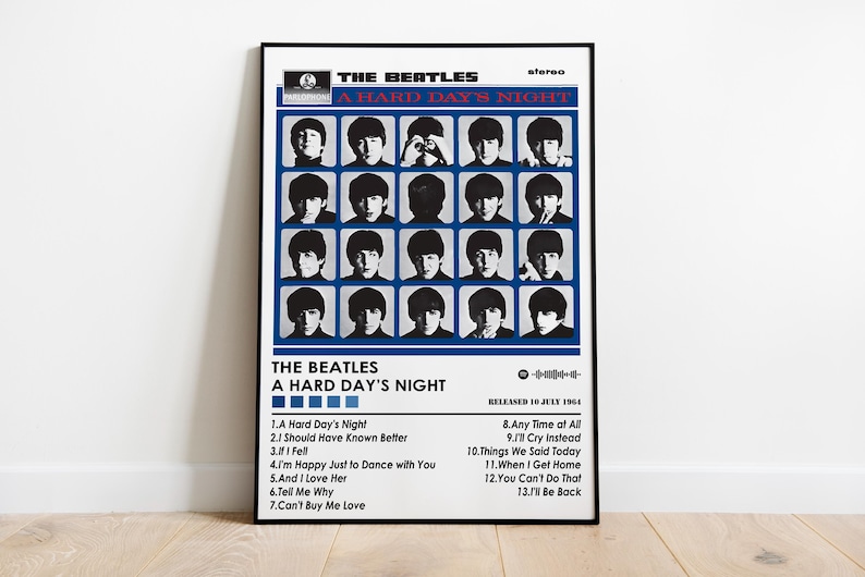 May include: A vintage record album cover for The Beatles' album "A Hard Day's Night". The cover features a grid of 16 black and white photos of the band members. The album title is printed in red and blue on a white background. The album was released on 10 July 1964.