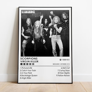 May include: Black and white album cover for the Scorpions album "Virgin Killer". The album cover features a band photo of the Scorpions with the album title and tracklist printed below.