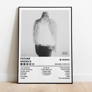Könnte beinhalten: Ein Schwarzweiß-Albumcover für das Album "HNDRXX" von Future. Das Cover zeigt ein verschwommenes Bild einer Person in einer Jacke. Der Albumtitel ist in schwarzer Schrift oben auf dem Cover gedruckt. Die Tracklist ist in schwarzer Schrift unter dem Bild gedruckt. Das Album wurde am 27. Juli 2017 veröffentlicht.