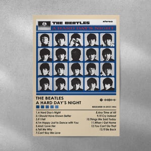 May include: A vintage record album cover for The Beatles' album "A Hard Day's Night". The cover features a grid of 16 black and white photos of the band members. The album title is printed in white on a yellow background. The album was released on 10 July 1964.