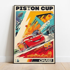 May include: A retro-style poster for the Piston Cup Racing Series featuring Lightning McQueen, a red race car with the number 95, racing against a blue Dinoco race car. The poster has a yellow and orange colour scheme with a chequered flag and a lightning bolt design.