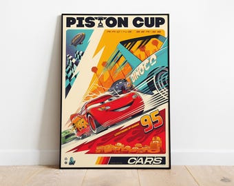 May include: A retro-style poster for the Piston Cup Racing Series featuring Lightning McQueen, a red race car with the number 95, racing against a blue Dinoco race car. The poster has a yellow and orange color scheme with a checkered flag and a lightning bolt design.