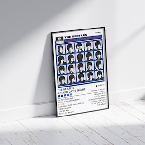 May include: A black and white poster of The Beatles album cover "A Hard Day's Night". The poster features a grid of 24 black and white photos of the band members. The album title is printed in blue and white text at the bottom of the poster.