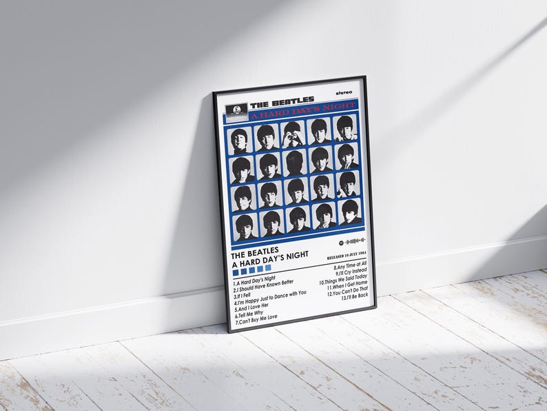 May include: A black and white poster of The Beatles album cover "A Hard Day's Night". The poster features a grid of 24 black and white photos of the band members. The album title is printed in blue and white text at the bottom of the poster.