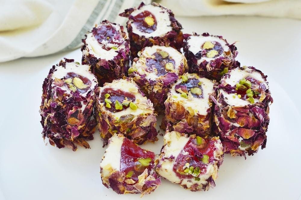 Turkish Delight with Real Rose Petals and Pistachios, Rose Flavoured Bulk Turkish Delight, Red Rose Petals, Rose Flavored Dessert