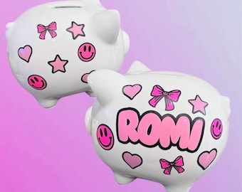 Personalized Baby Girl Piggy Bank, Custom Ceramic Nursery Decor