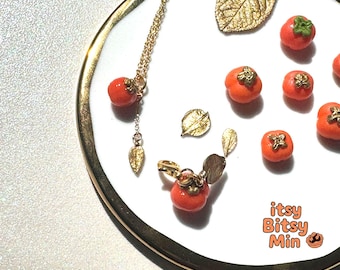 18k Gold-Filled Persimmon Necklace/Charm – Handmade Polymer Clay Miniature Mini Fruit Jewelry