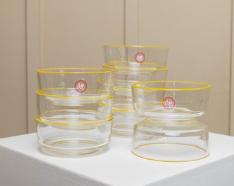 9 Vintage Empoli Glass Bowls 1980s - Clear Glass with Yellow Rim - Fratelli Buggiani Italian Glassware