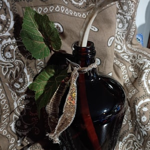 Könnte beinhalten: Eine dunkelbraune Glasflasche mit rotem Streifen, verziert mit einem Zweig, grünen Blättern und einem gemusterten Band. Die Flasche steht vor einem braunen Paisley-Hintergrund und erzeugt eine rustikale Ästhetik.