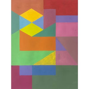 May include: A rectangular painting featuring a geometric composition of flat, solid-colored shapes including a central yellow and blue cube, surrounded by blocks of red, orange, green, purple, pink, and blue arranged in a non-representational pattern.