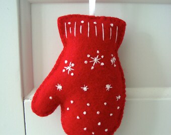 Red Snow Embroidered Mitten Felt Ornament Gift Topper