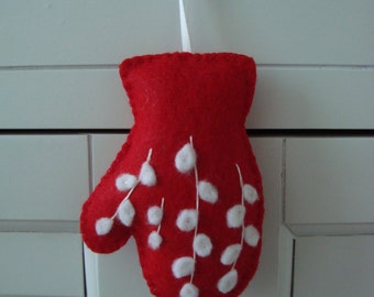 Red White Snow Berries Felt Mitten Ornament Gift Topper