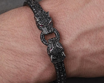 Black Zircon Leopard Bracelet: Handmade Sterling Silver Men's Jewelry