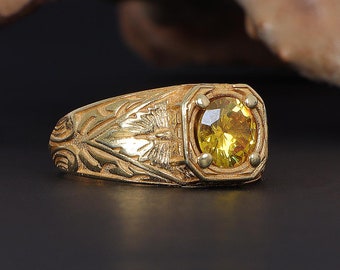 Gold Plated Citrine Ring for Men, Gemstone Signet Ring, Engraved Gold Ring, Citrine Jewelry Gift, Natural Stone Ring for Men, Husband Gift