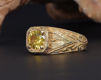 Minimalist Citrine Stone Men Ring, Signet Stone Ring, Citrine Jewelry Gift, Luxury Gold Plated Men Ring, Gift for Husband, Cool Rings Men