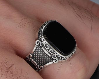 Sterling Silver Onyx Signet Ring: Vintage Mens Ring, Engraved Signet Ring, Onyx Jewelry