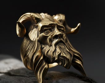 Gold Plated Horned Devil Head Ring for Men: Horned Deity Ring, Mythological Statement Jewelry, Pagan Ring
