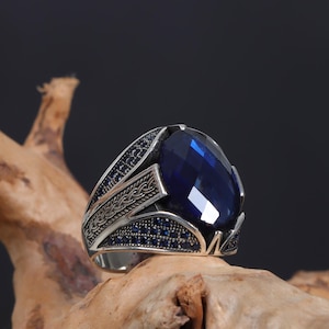 Sterlingzilveren saffierring voor heren: edwardiaanse ring, saffiersieraden heren, ring in Victoriaanse stijl