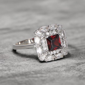 Dainty Sterling Silver Zirconia Ring: Red Stone Square Cluster