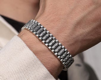 925K Silver Floral Engraved Chunky Chain Bracelet: Men's Heavy Link Bracelet, Bold Statement Bracelet