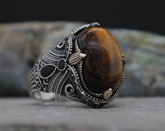 Men&#39;s Handmade Tiger&#39;s Eye Stone Ring, Oval Gemstone Ring, Anniversary Gifts for Men, Natural Tiger Eye Men Ring, Holiday Gift For Him