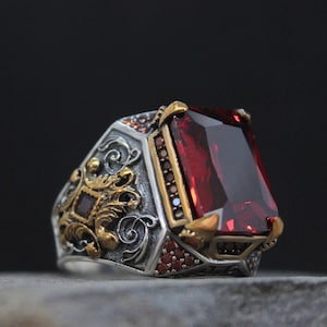 Edwardian Red Stone Men Ring, Large Boho Ring, Detailed Thumb Ring, Handmade Men Ring, Unique Gift for Him, Gift for Husband