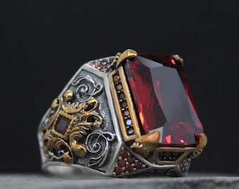 Edwardian Red Stone Men Ring, Large Boho Ring, Detailed Thumb Ring, Handmade Men Ring, Unique Gift for Him, Gift for Husband