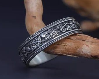 スターリングシルバーのブドウの枝リング：つる模様のメンズ結婚指輪