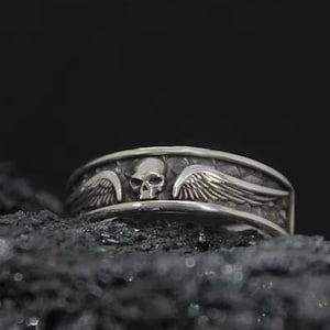 Winged Skull Ring for Men, Sterling Silver Gothic Band with Angel Wings and Skull, Biker Punk Jewelry, Edgy Gift for Him, Gothic Jewelry