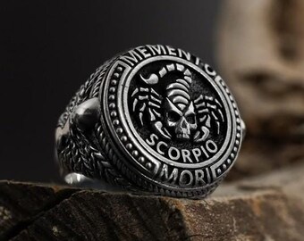 Memento Mori Scorpio Ring: Sterling Silver Gothic Zodiac Jewelry, Horoscope Ring for Men