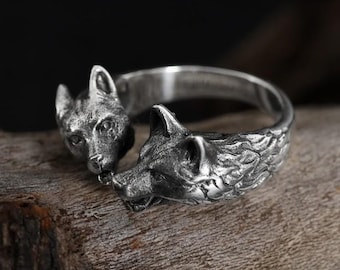 Sterling Silver Kissing Dogs Ring: Handmade Adjustable Band Ring, Unique Pet Lover Jewelry