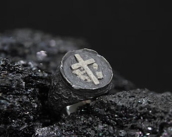 Anello con sigillo a croce in argento sterling: gioielli cristiani rustici
