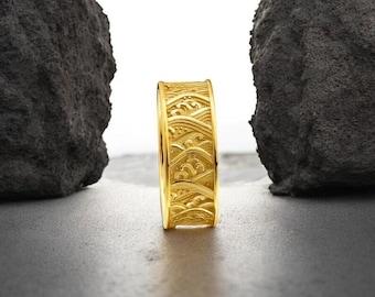 Sterling Silver Hokusai Wave Ring, Japanese Art Band