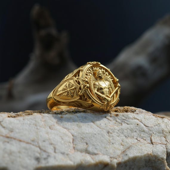 God's Warrior Ring: Archangel Michael Signet Ring, Handmade Angel Ring, Christian Men Jewelry