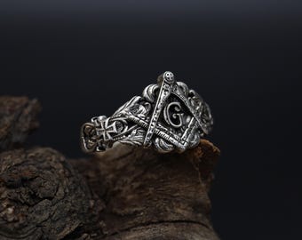 Sterling Silver Master Mason Ring: Freemason Symbol Jewelry
