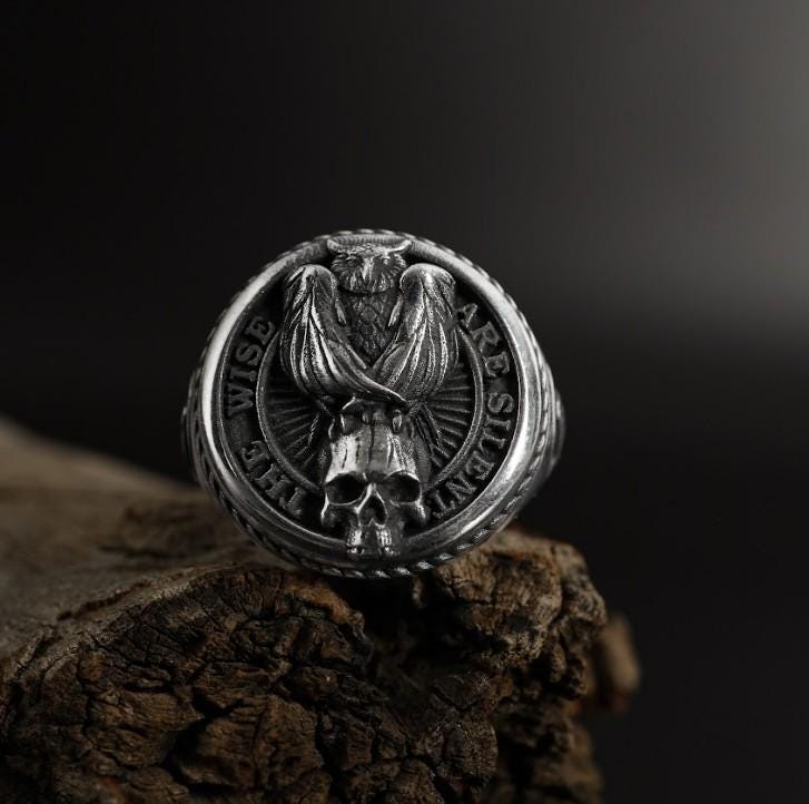 Sterling Silver Owl Skull Ring: Gothic Masonic Statement Jewelry, Mens The Wise Are Silent Signet Ri