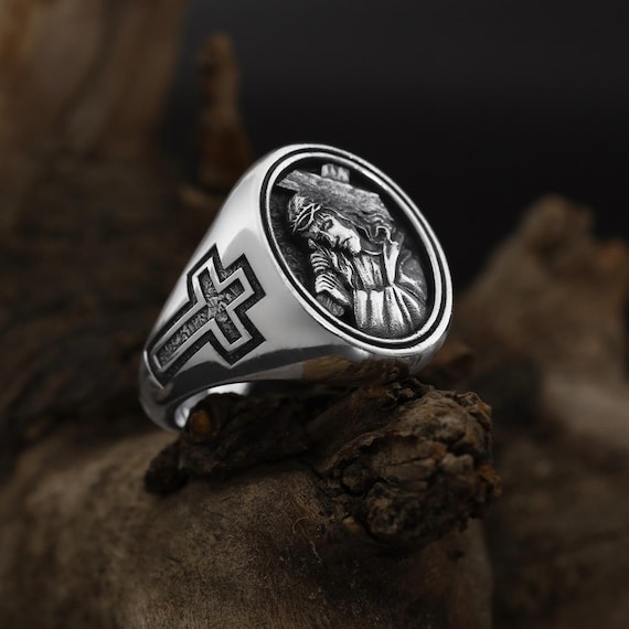 Sterling Silver Jesus Signet Ring: Handmade Christian Cross