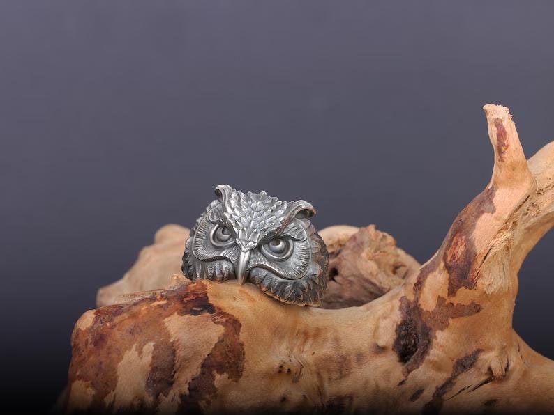 Oxidized Sterling Silver Owl Ring: Gothic Animal Totem Jewelry