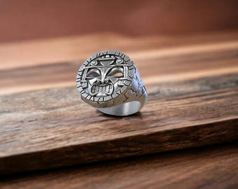 Sterling Silver Aztec Sun God Ring, Mesoamerican Tribal Jewelry
