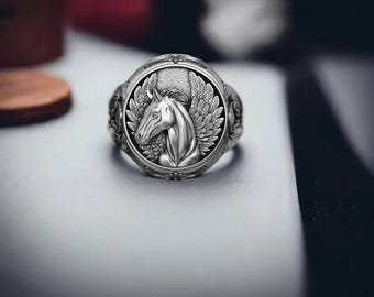 Pegasus Signet Ring: Sterling Silver Winged Horse, Greek Mythology