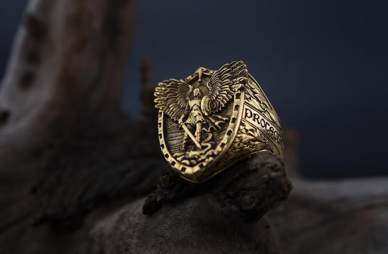 Archangel Michael Shield Ring: Gold Plated Sterling Silver Warrior Ring ...
