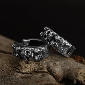 Sterling Silver Skull Hoop Earrings, Gothic Huggie Earrings for Men, Dark Aesthetic Statement Earrings, Punk Jewelry Gift, Small Skull Hoops